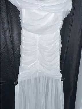 chic White Ruched Tulle Maxi Dress